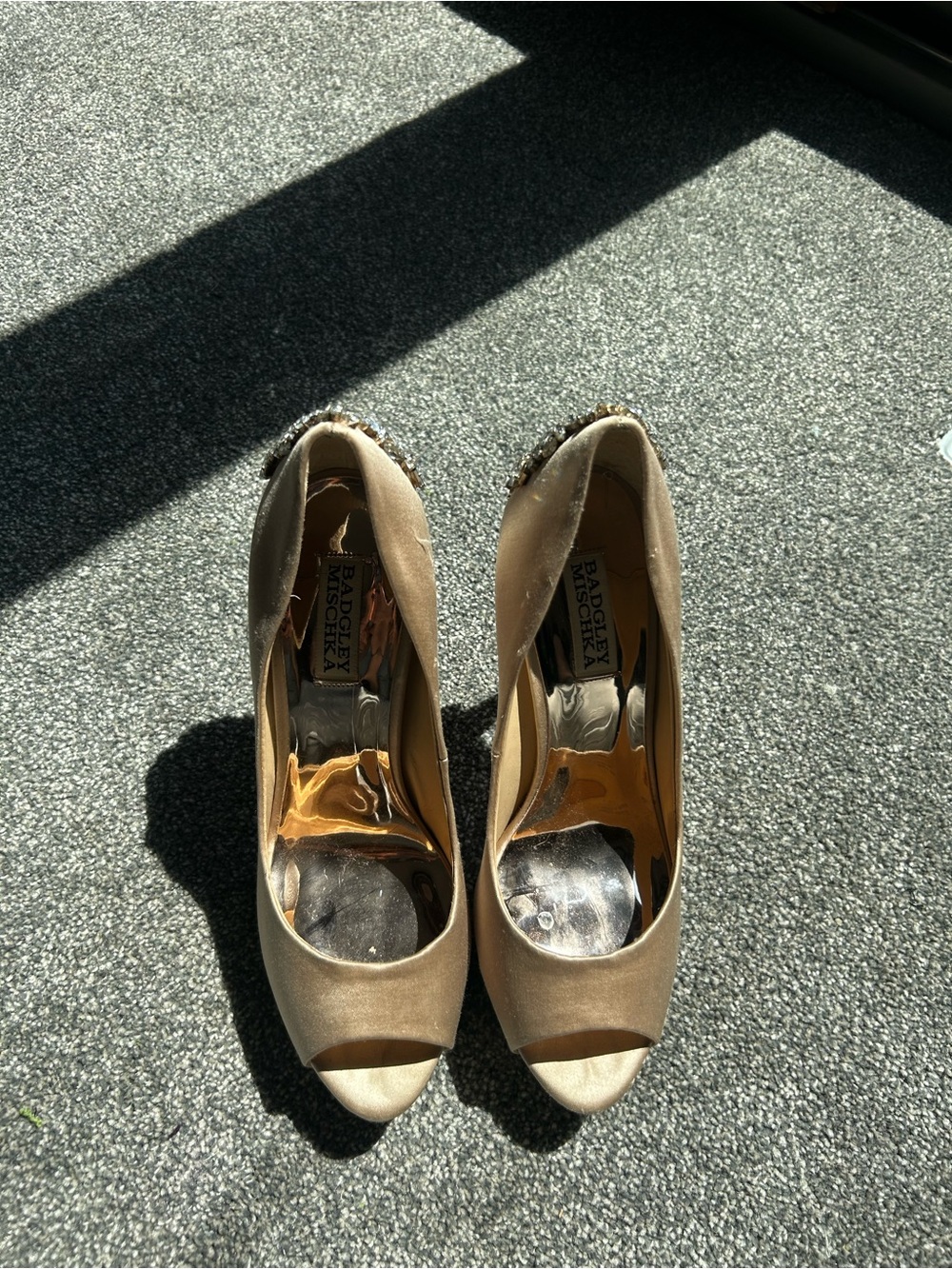 Badgley Mischka Champagne Satin Peep-Toe Heels with Embellished Heel
